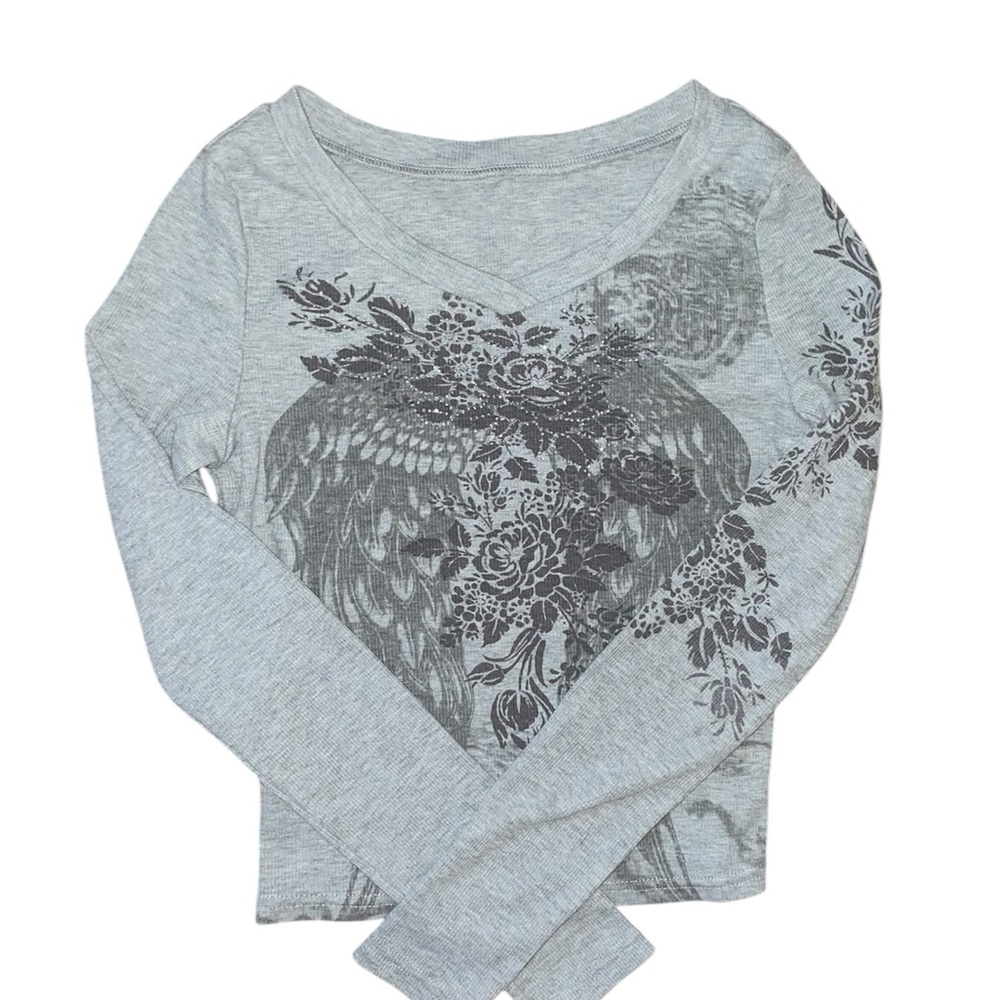 Gray Long Sleeve y2k V-Neck Top